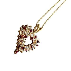 Vintage Gold Tone Heart Pendant Necklace with Red & White Rhinestones